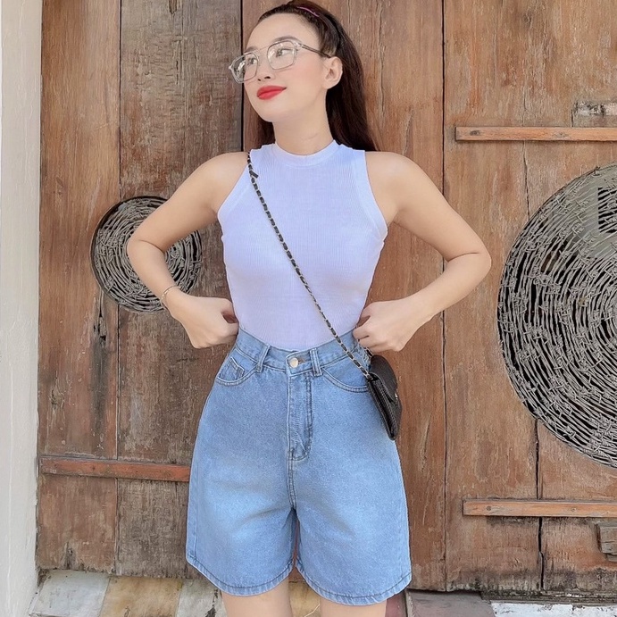 Quần short lửng ngố bò jean nữ lưng cao ống rộng chất trơn mềm