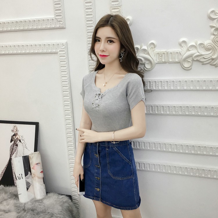 【NEW】Women Blouse Knitted T-Shirt Cross Tie Tshirt Blouse | BigBuy360 - bigbuy360.vn