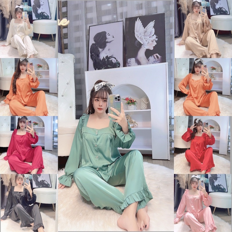 {9 MÀU HÓT} Sét Đồ Bộ Đồ Ngủ Pijama tay dài tiểu thư cổ vuông thiết kế [ảnh thật]