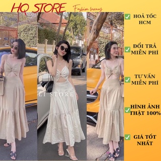 Đầm maxi đi biển 2s xỏ khoen, váy khoét eo hở lưng có mút kèm dây kéo lưng - Maxi HQ store