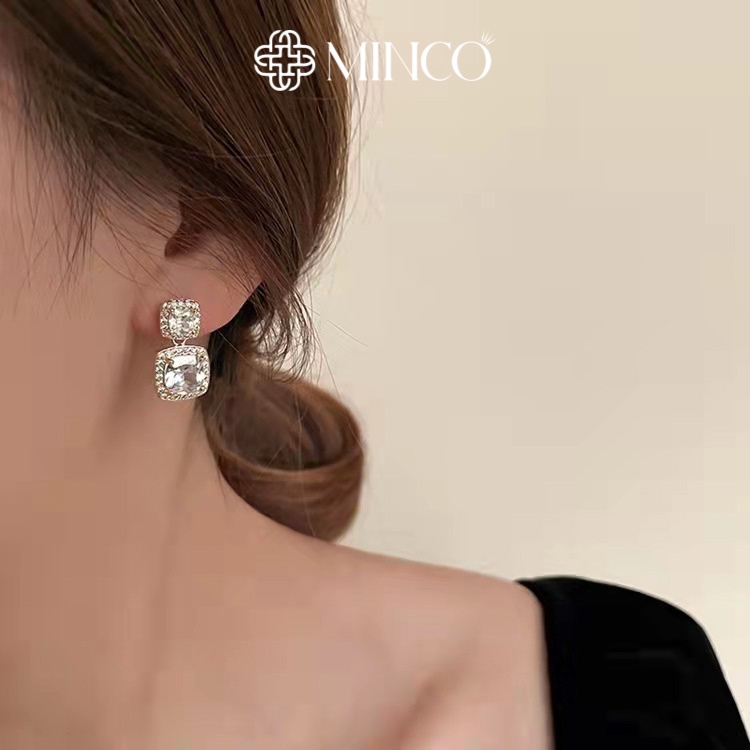 Bông Tai Nữ Minco Accessories Khuyên Hình Vuông Đính Đá Phong Cách Thời Trang Hàn Quốc BT112