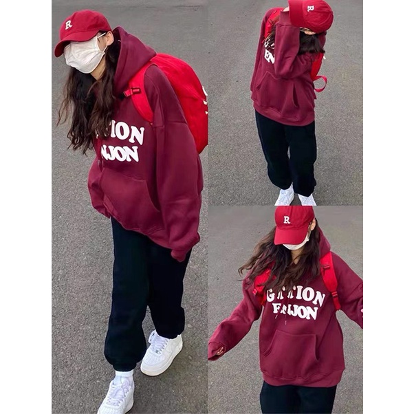 Áo nỉ có mũ , áo hoodie màu đỏ đô hottrend họa tiết chữ trước ngực