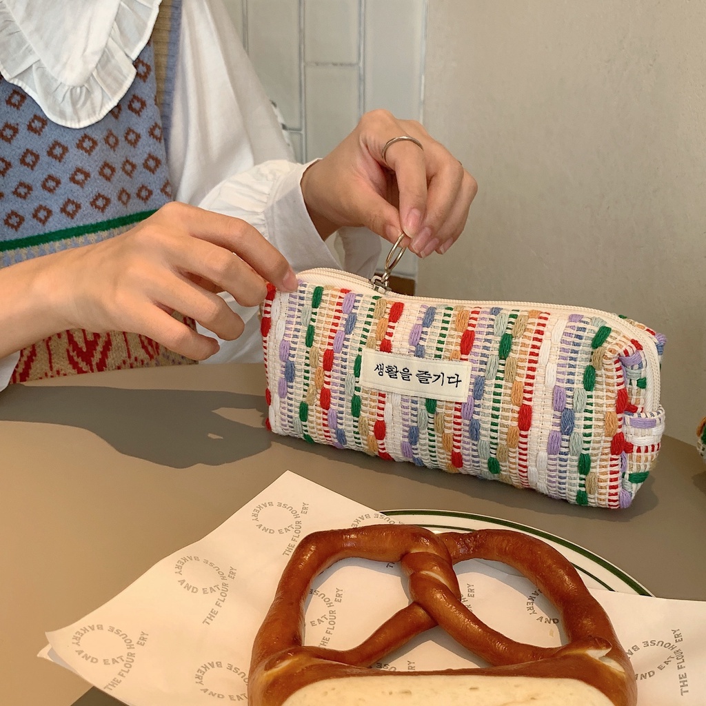 Túi Đựng Bút Chì / Mỹ Phẩm Mini Bằng Vải Canvas Màu Cầu Vồng Thời Trang Dành Cho Học Sinh