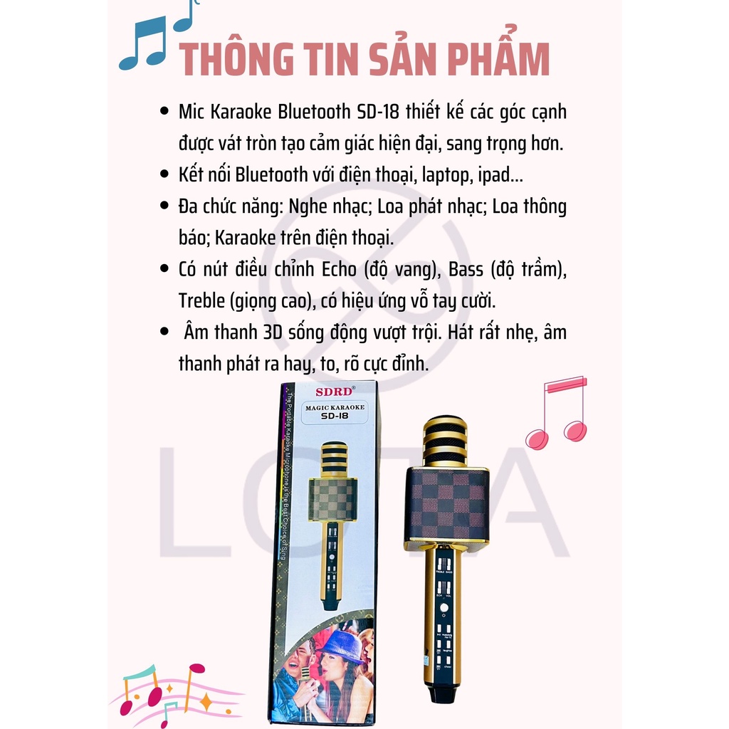 MIC KARAOKE BLUETOOTH SD-18 KÈM LOA kết nối với điện thoại hút giọng tốt, âm thanh 3D phát ra trong, to, rõ, sống động