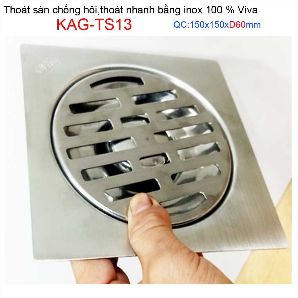 Hố ga thoát sàn Viva ống D60-6cm Inox mờ, phễu thoát nước chống hôi D60 vuông 15x15cm KAG-TS13