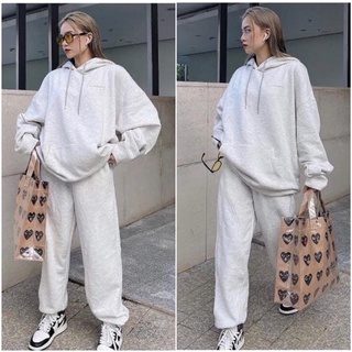 Sét bộ áo hoodie trơn tay bồng một màu kèm quần bom ống rộng Thể thao, Bộ đồ Nam Nữ From rộng Unisex ( ảnh thật )