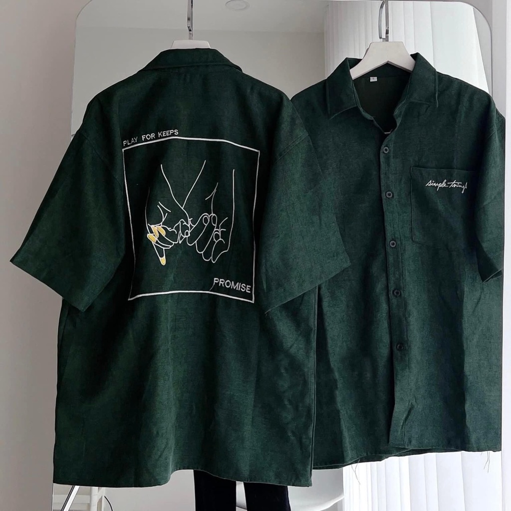 Áo sơ mi nhung tăm xanh rêu hot trend hình thêu phong cách unisex nam nữ SIB118