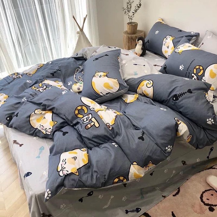 Bộ chăn ga gối , drap giường chất cotton poly họa tiết mèo vàng