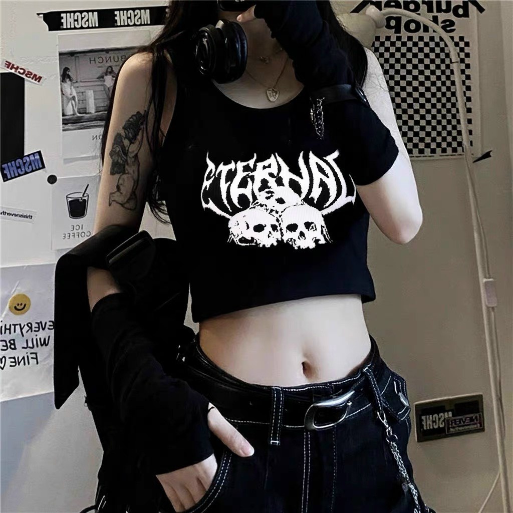 Áo thun ba lỗ 2 dây in hình đầu lâu dáng croptop ngắn hot