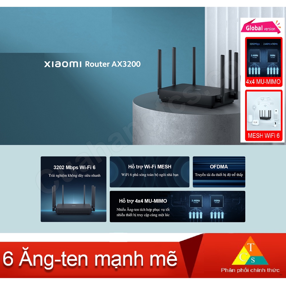 Bộ phát WiFi Xiaomi Mi Router AX3200, WiFi 6, Quốc Tế