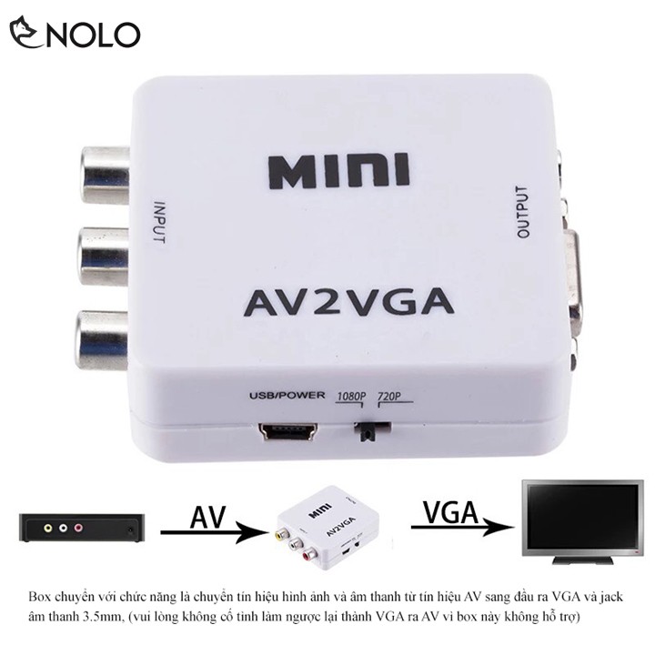 Bộ Chuyển Đổi Tín Hiệu AV RCA ra VGA Audio CVSB Model AV2VGA Hỗ Trợ Phân Giải FullHD 1080P Có Switch 720p và 1080p