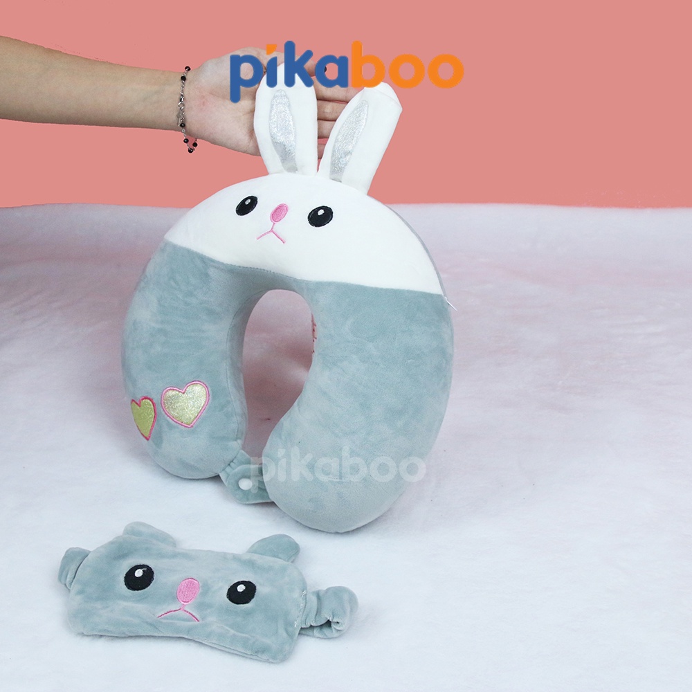 (Summer Sale 50%) Gối kê cổ kèm miếng che mắt cao cấp Pikaboo, vải cotton nhung lông mịn mềm co dãn, bông 3D tinh khiết