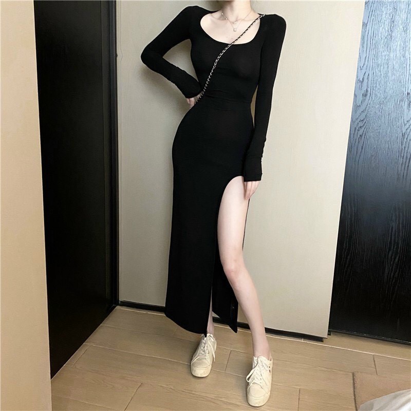 (Mẫu Mới) Đầm body cổ vuông tay dài xẻ đùi thun borip
