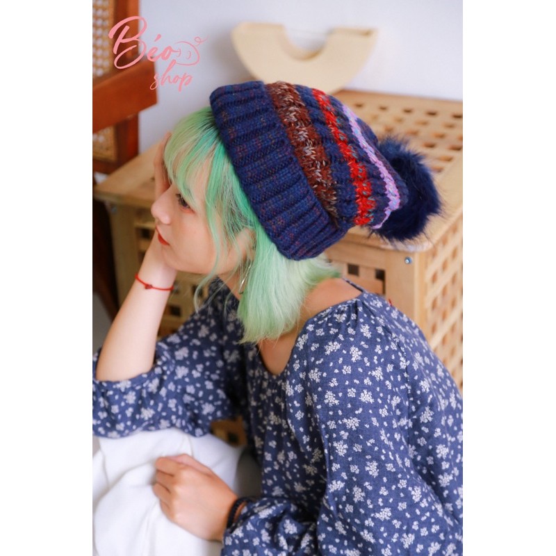 Mũ len kẻ sọc lót lông mềm mại thời trang Hàn quốc