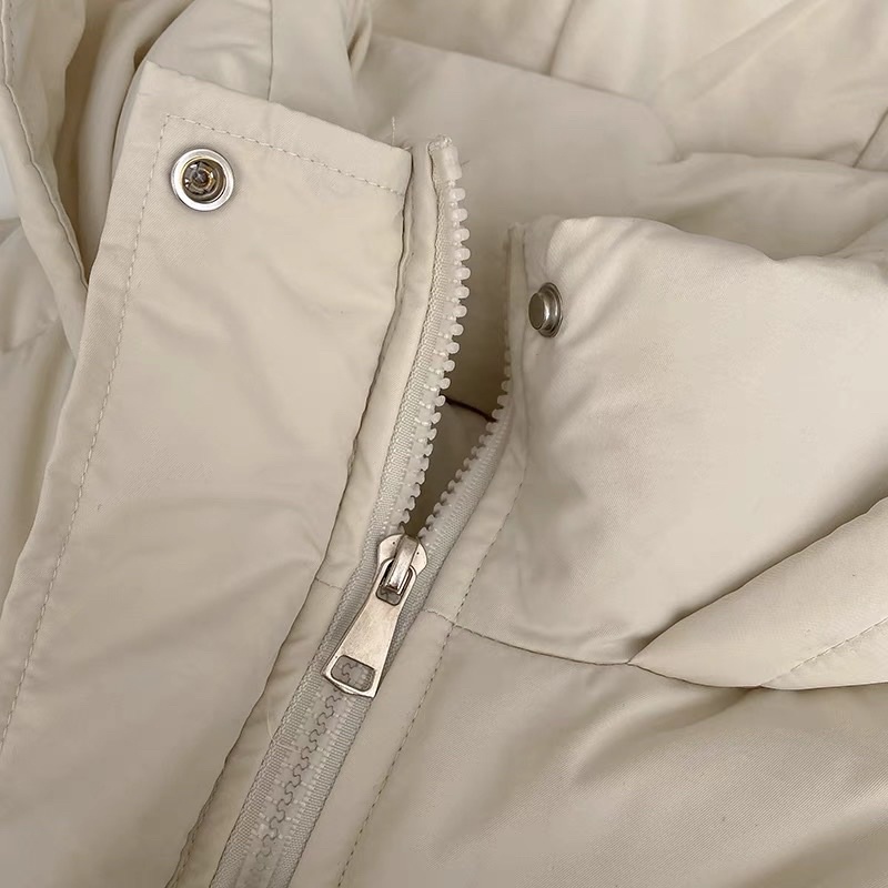 Áo khoác phao dán dài dày dặn có nón túi xẻ