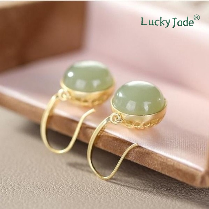 Khuyên Tai Bạc 925 Đính Đá Ngọc Bích Phong Cách Dân Tộc Cổ Điển