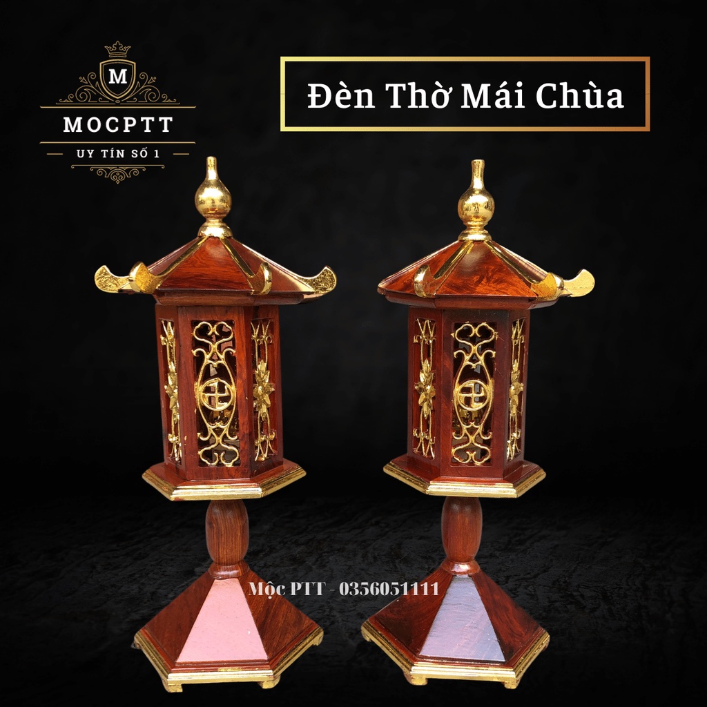 Đèn thờ mái chùa gỗ Hương Ta kích thước cao 48 x 15 Cm trang trí phòng thờ