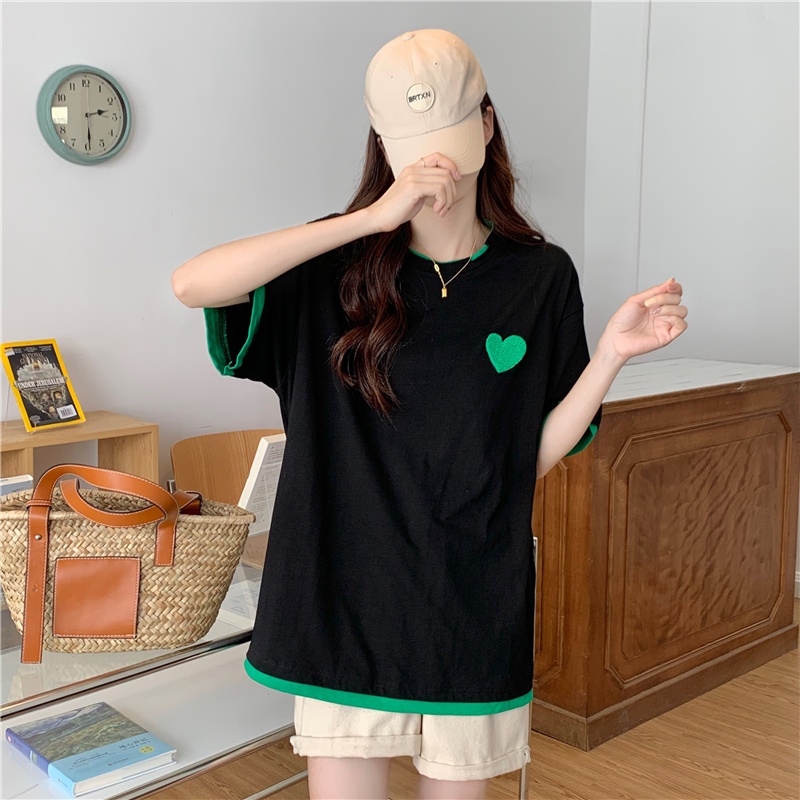 SUXI Summer Embroidery Simple Stitching All-match Street Style Round Neck Loose Casual Short Sleeve T-shirt Women