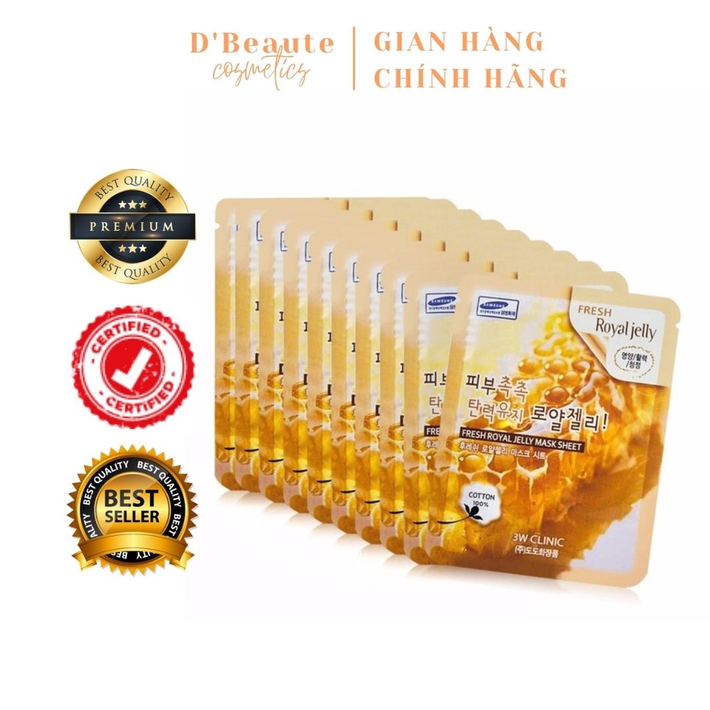 Combo 10 Mặt nạ dưỡng da sữa ong chúa 3W CLINIC FRESH ROYAL JELLY MASK SHEET 23ml - Hàn Quốc Chính Hãng