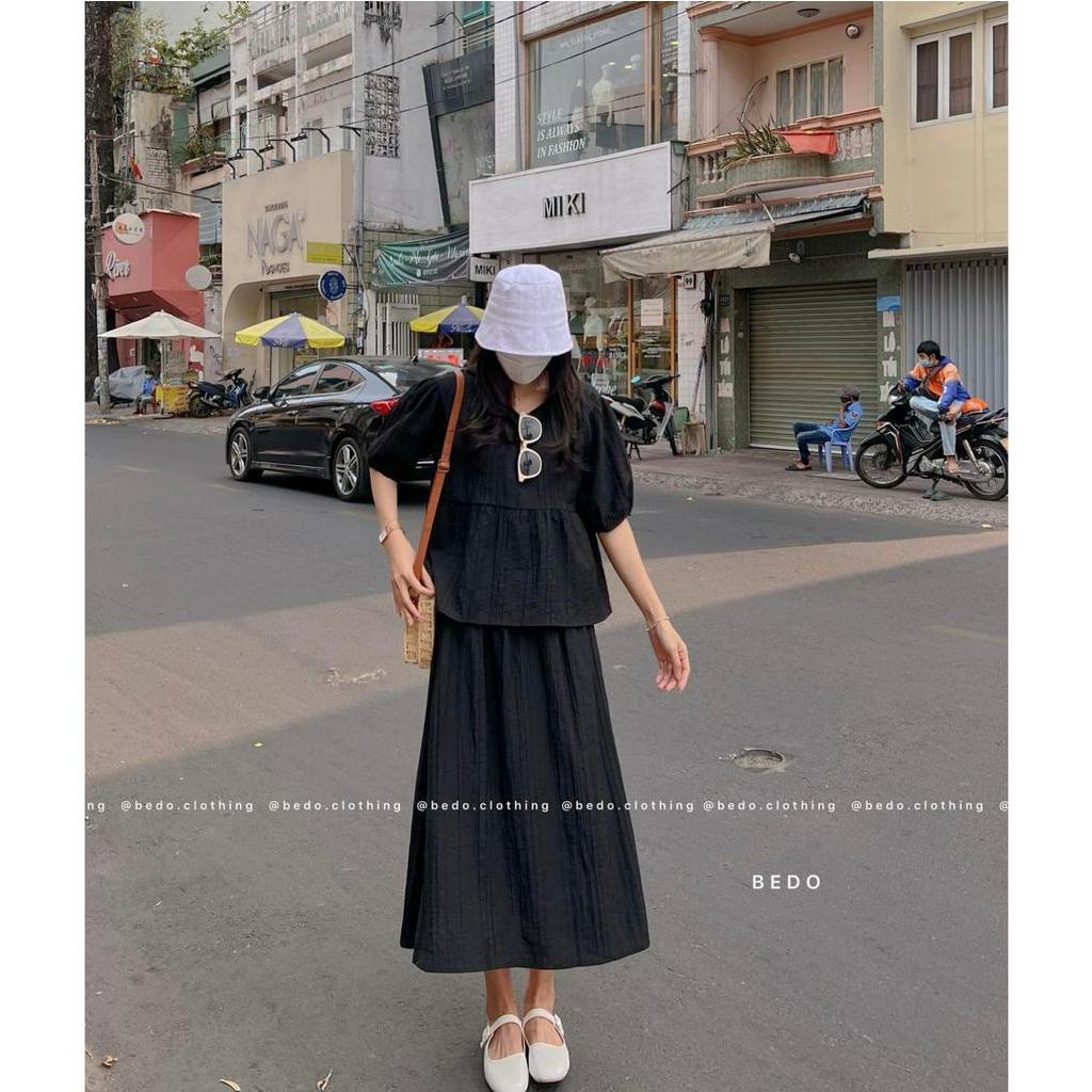 Set áo gân tay bồng kèm chân váy dáng dài 5 màu