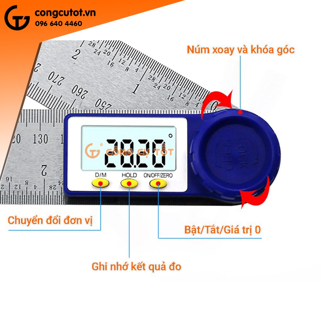 Thước đo góc điện tử 360 độ 200mm chính xác đến 0.3°