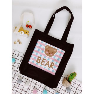 [Hình chụp thật] Túi Tote Túi Vải Leo Canvas Đen Đắp Gấu Nâu Caro