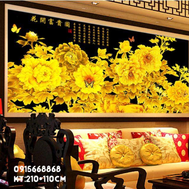Tranh thêu chữ thập hoa mẫu đơn tuyệt đẹp khổ lớn 210*110cm(kèm hình thật)