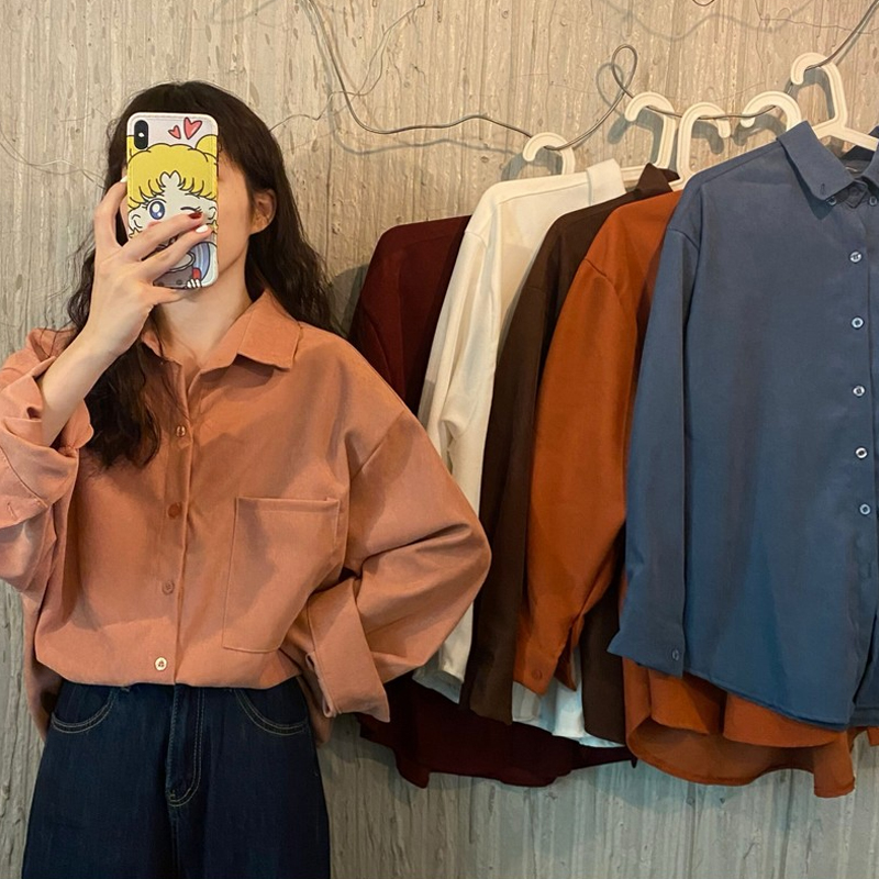 Áo Sơ Mi Nhung Kẻ Dáng Rộng Thời Trang Thu Đông Hàn Quốc 2020 Dành Cho Nữ