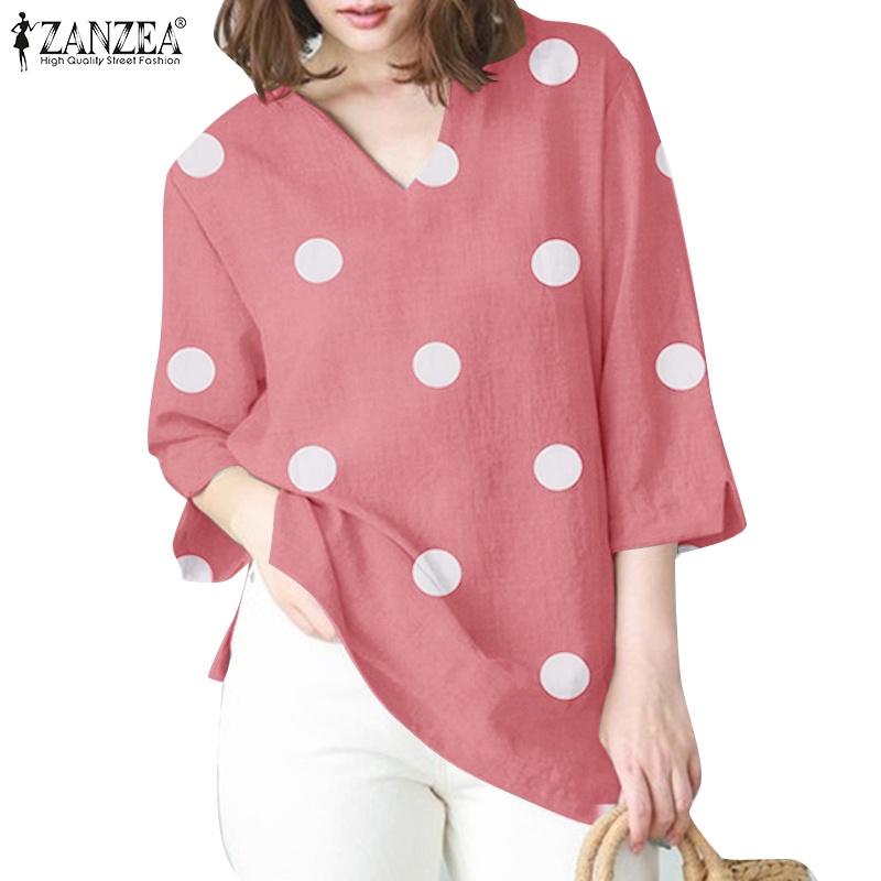 ZANZEA Áo Nữ Tay 3 / 4 Cổ Chữ V Họa Tiết Chấm Bi Thời Trang