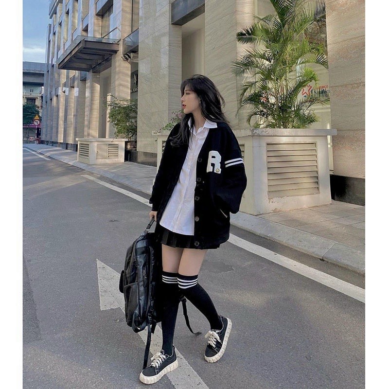 Áo Khoác Cardigan Bomber Nỉ Bông IN LOGO R Sọc Viển Tay Form Rộng Basic Nam Nữ Unisex Ulzzang NUPAKACHI