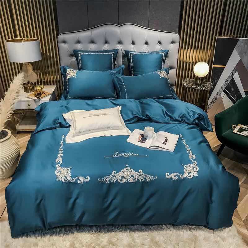 Bộ chăn ga gối lụa tencel 60s thêu tinh tế mẫu mới 2022 , Ga giường vỏ gối tencel chất liệu mềm mịn không nhăn không xù