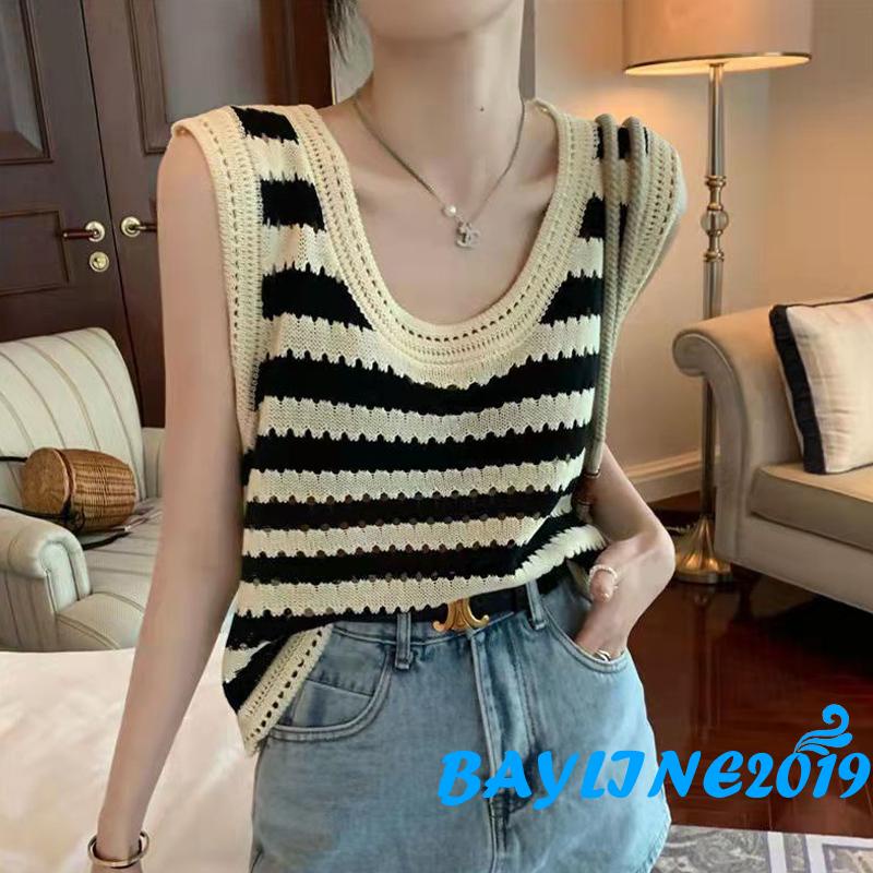 Áo Thun Không Tay Họa Tiết Sọc Màu Sắc Tương Phản Thời Trang Cho Nữ