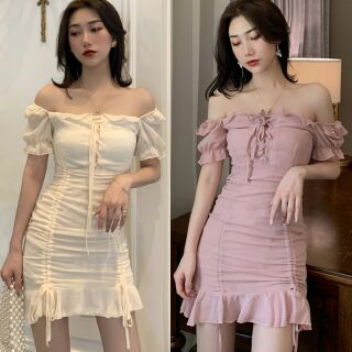 Đầm voan bẹt vai rút dây