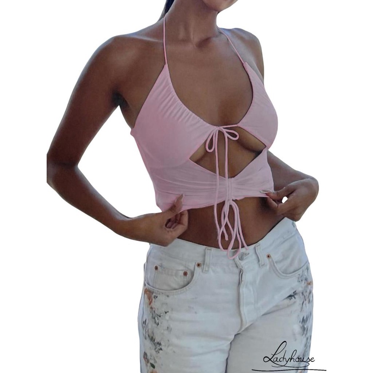 Áo Crop Top Hai Dây Màu Trơn Hở Lưng Gợi Cảm Cho Nữ