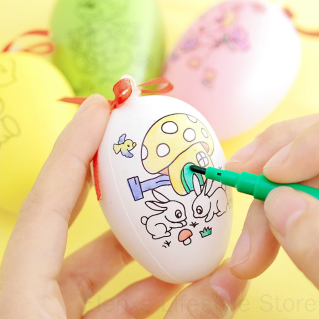 Easter Gift Plastic DIY Painting Egg Toy Party Favors with 4 Drawing Pens Ornament Random Color ELEN