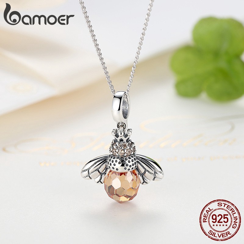 Hạt charm Bamoer bạc 925 hình con ong đính đá topaz thanh lịch cho trang trí vòng tay/vòng cổ