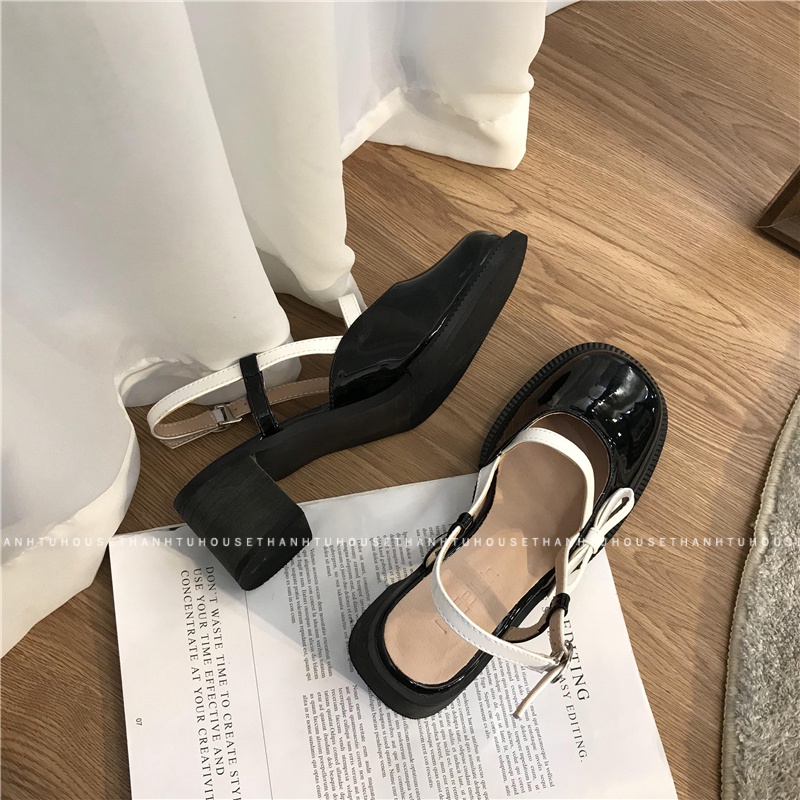 Giày Sandal Nữ Mary Jane Da Bóng Gót Vuông Phối Nơ Thời Trang - SA013