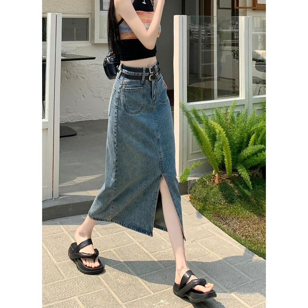 Chân Váy Denim Dáng Chữ A Lưng Cao Phối Thắt Lưng Phong Cách Retro Thời Trang Mùa Hè Hàng Mới 63754
