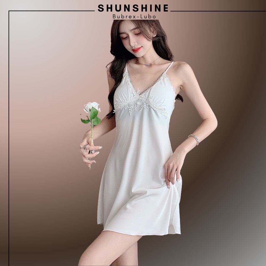 Váy Ngủ Lụa Sexy 2 Dây  Satin Phối Ren Quyến Rũ Gợi Cảm Màu Trắng - SUNSHINE LUBREXLUBO -VL165