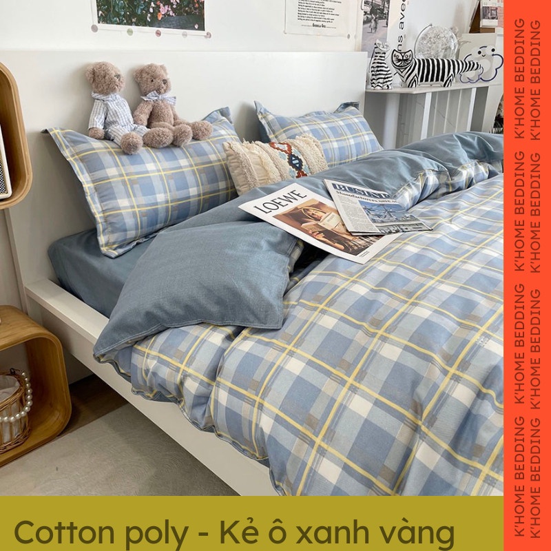 Bộ chăn ga gối cotton poly K'home set ga giường 4 món vỏ chăn ga gối có bo chun theo kích thước - Kẻ ô xanh vàng