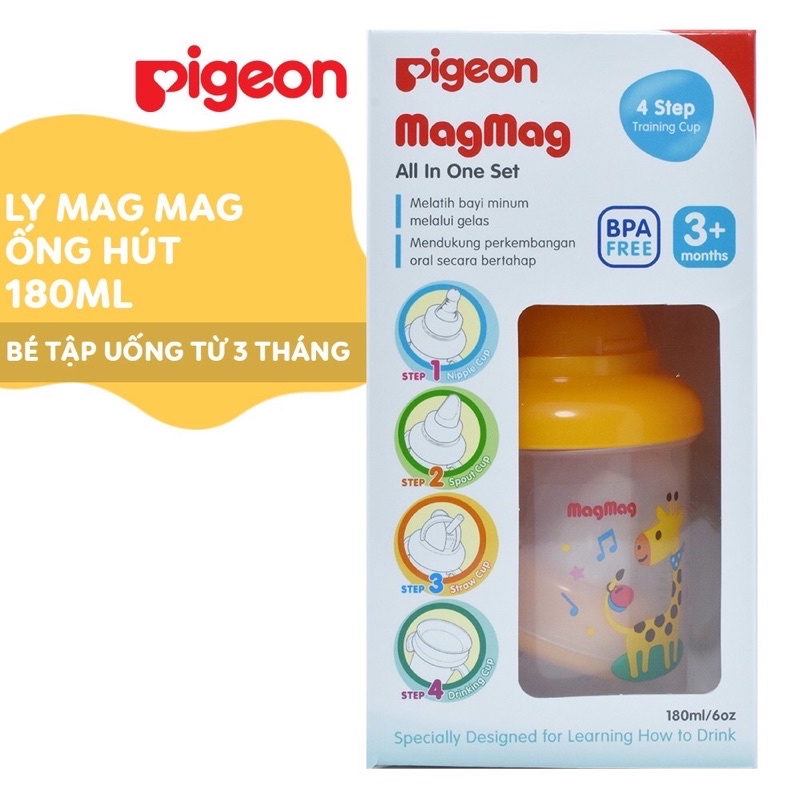 Bình/Ly Mag Mag trọn bộ Pigeon 180ml (bé từ 3 tháng: núm vú + ống hút)