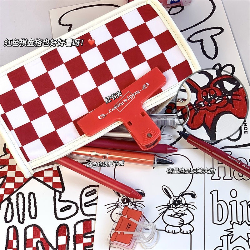 Túi Đựng Bút Ohaya Trong Suốt Hai Lớp Họa Tiết Sọc Caro Đỏ Trắng Sức Chứa Lớn