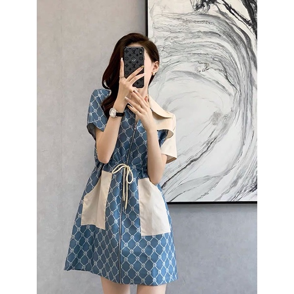 Váy dài xanh kẻ dây rút YOYO CLUB