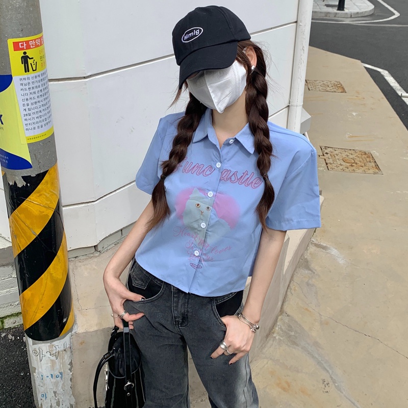 【ZHELIHANGFEI】Áo Sơ Mi Tay Ngắn Cổ POLO Lưng Cao Họa Tiết In Theo Phong Cách Preppy Dễ Phối Đồ