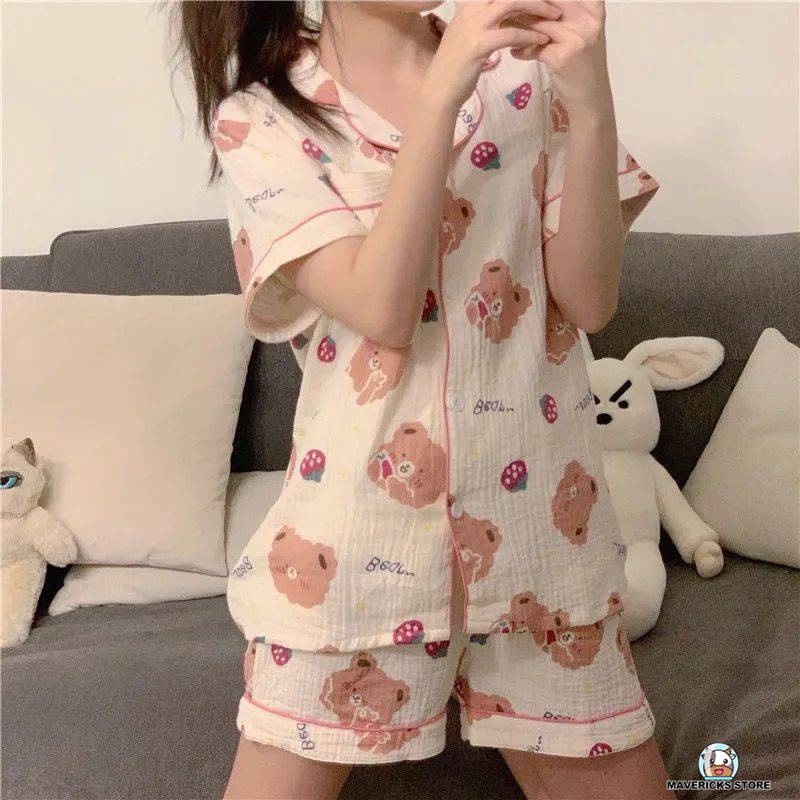 Bộ đồ ngủ tay ngắn chất liệu cotton in hình gấu trái dâu thời trang mùa hè 2021 cho nữ