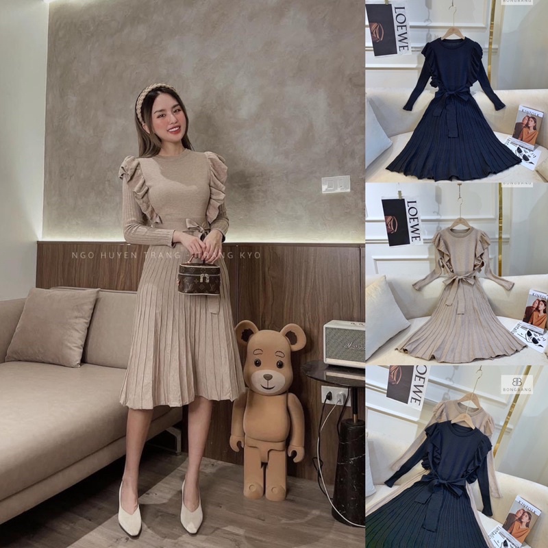 Váy len dài tay vai bèo dập ly thắt nơ eo hàng QC cao cấp - Ảnh chính chủ Ngô Huyền Trang