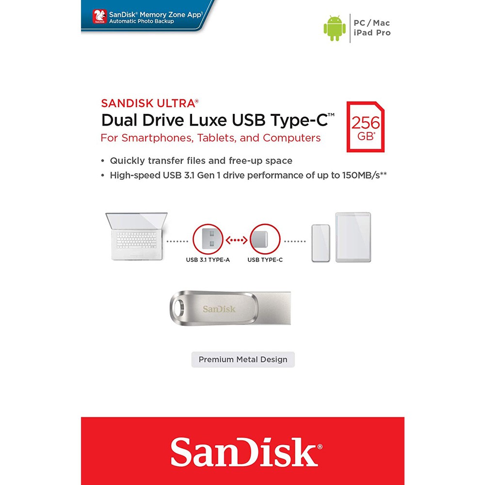 USB 3.1 Sandisk Ultra Dual Drive Luxe OTG TypeC DDC4 256GB OTG SDDDC4256GG46