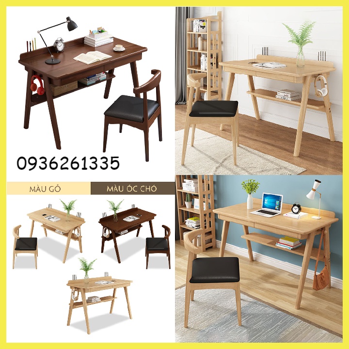 Bộ Bàn Làm Việc Bằng Gỗ Tự Nhiên cao cấp, Bàn ghế Làm Việc tại nhà văn phòng phong cách cổ điển có giá để sách rộng rãi