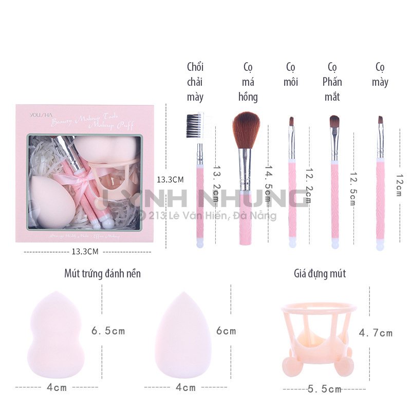 Set 02 bông phấn + bộ 5 cọ trang điểm cơ bản cho người mới bắt đầu học makeup