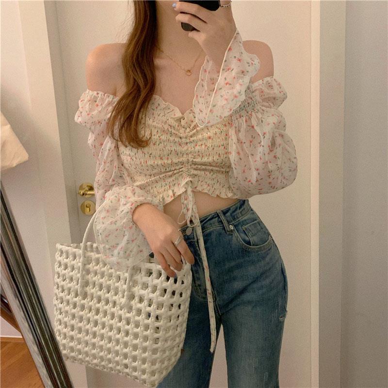 AMOI Áo Voan Cổ Vuông Họa Tiết Hoa Nhỏ Phong Cách Pháp Cổ Điển Dành Cho Nữ